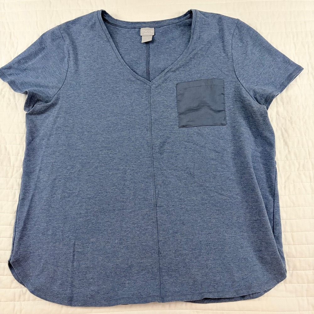 Chicos Zenergy Blue Heathered V-Neck Short Sleeve Pocket T-Shirt chicos 2/ 12-14